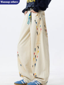 Street Fashion American Graffiti Style Wide Leg Jeans Waterwashed Design Mens Trousers