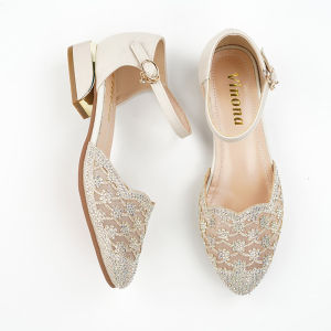 Fashionable Mesh Sandals Womens Summer New Hollow out Rhinestone mid Heel Buckle Strap Casual Style Leather Inner Lining