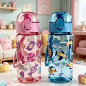 Cartoon Candy & Airplane Pattern Water Bottle Transparent Stylish Cup Lightweight Leakproof Reusable Perfect for Sports