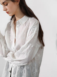 Miccbeirn | Pure Flax Long Sleeve Embroidered Shirt Simple Commute Loose Casual Shirt Glittering Thread Artistic Loose Fit Daily Wear