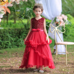 Elegant Girls V-Neck Sequined Mesh Princess Dress: Perfect for Stage Performance & Evening Events