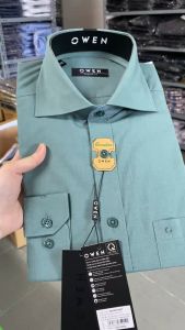OWEN SALE - Áo Sơ Mi Owen Tay Dài Màu Xanh Mint  Họa Tiết Trơn Form Regular Fit Lai Bầu Chính Hãng