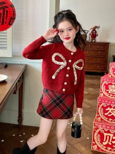 Áo Len Dệt Kim Màu Đỏ Cho Bé Gái Áo Khoác Cardigan Hở Thời Trang Cho Trẻ Em Áo Len Dệt Kim Cho Bé Gái Mùa Đông 2024