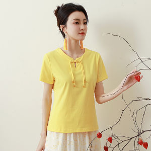 Pure Cotton Summer Womens Retro Button-Up Base Shirt Ice Porcelain Short Sleeve Top Versatile T-Shirt round Neck Thin Fabric