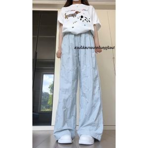 กางเกงขายาวทรงหลวมพิมพ์ลายผีเสื้อสีชมพูสำหรับผู้หญิงในช่วงฤดูร้อนปี 2025 กางเกงขายาวทรงหลวมสไตล์ใหม่เอวสูงผ้าโพลีเอสเตอร์