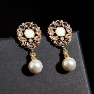 SEQUITO Beautiful Multicolor Flower Drop Pearls Dangle Earrings Silver Gold Plated Paved Setting AAA Cubic Zircon Woman Jewelry for Anniversary SE988