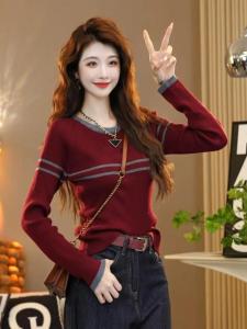 เสื้อสเวตเตอร์คอตั้งทรงสลิมฟิตสำหรับผู้หญิง ฤดูใบไม้ร่วง 2024 เสื้อชั้นในถักบางลายทางสีบล็อกแฟชั่น เสื้อคลุมคาร์ดิแกนยาวคลุมเข่า