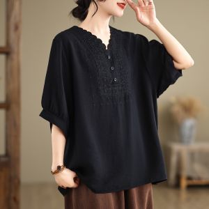 Áo Thun Cotton Lanh Rộng Rãi Cổ Tròn Tay Ngắn Dáng Rộng Cho Nữ Mùa Hè 2024 Thời Trang Công Sở Che Bụng Giảm Béo