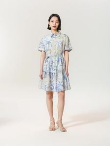 V·grass/V-GRASS | Đầm A-Line In Hình Thơ Mộng Cổ Áo Sơ Mi Pha Cotton