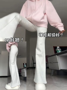 กางเกงขายาวทรงหลวมเอวสูงสีขาวเทาสำหรับผู้หญิง กางเกงขายาวทรงหลวมสไตล์อเมริกัน กางเกงขายาวทรงหลวมสำหรับออกกำลังกาย กางเกงขายาวทรงหลวมลำลอง