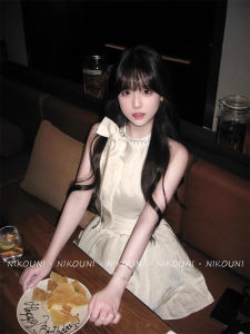 Elegant Polka Dot Halter Neck Dress Womens Butterfly Knot Birthday Gift Dress A-Line Skirt High Waist Polyester Fiber