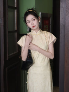 New Chinese Style Cheongsam Full Open Collar Examination Delivery Yellowish Female Long Dress Breathable Short Sleeve Long Skirt