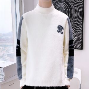 ROMON | Loose Mens Knitted Mink Velvet Sweater Mid High Collar Casual Winter Fashion Roemon Brand Long Sleeve Top For Young Men