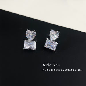 Flashy Heart Zircon Earrings Sweet Cool Style Square Versatile Fashionable Commuting Jewelry  out New 2025