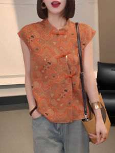 Shalldoer | Chinese Style Slanted Placket Mandarin Collar Short Sleeve Shirt Women