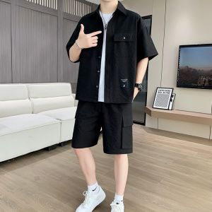 ROMON | Romon Mens Thin Casual Shirt Set Summer New Loose Ice Silk Short Sleeve Shirt Shorts Two Piece Set Lightweight Breathable