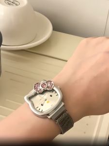 HelloKitty Quartz Watch Womens Small Dial Student Cute Cartoon Magnetic Strap Watch Fashionable Water Diamond Crown Ordinary Buckle