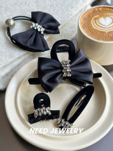 South Korea Ins New Arrival Fancy Hairwear Side Clip Hair Ring Hair Claw Fall and Winter Flocking Satin Bows Rhinestone Hair Claws