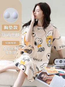 ชุดนอนฤดูร้อนผ้าฝ้ายบริสุทธิ์สําหรับผู้หญิงความยาวกลางพร้อมแผ่นรองหน้าอกขนาดบวกเสื้อผ้าบ้านที่สะดวกสบาย