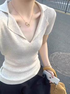 SHUQINGLAI | Ice Silk Knit V-Neck Polo T-Shirt