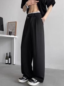 Neapolitan Mens Dress Pants with Belt Drapey High Waist Luxury Straight Leg Casual Trousers Youthful Summer Fashion Pure Color