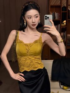 chaqi | French Lace Strap Vest Women 2025 Spring Summer New Retro Glossy Satin Inner Wear With Chest Pad Bra Base Layer Commute Style Pure Color