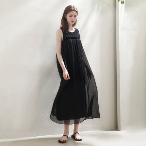 Miccbeirn | Silk Chiffon Sweet Lace Dress Simple Style Sleeveless Vest Long A-Line Skirt Summer Commute Pure Color Loose Waist Miccbeirn