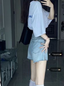 High Waist Side Slit Denim Shorts Womens plus Size Autumn Winter Trendy Hot Pants Slimming A-Line Washed Jeans Shorts