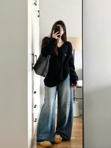 Loose V-Neck Womens Knitwear Soft Cozy Overhead Sweater Autumn Winter New Style Black Large Size Comfortable Lazy Fashion Top