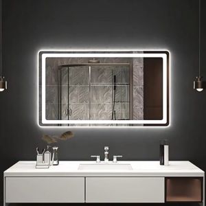 LED กระจกห้องน้ำสี่เหลี่ยม กระจกเงาติดผนัง ควบคุมด้วยการสัมผัส แสงสามสี ขนาด 40/60/70/100CM