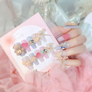 【With Glue】Mid-length Fake Nail Cute Sugar Bear Decor Artificial Nail for Women and Girl Party Activity