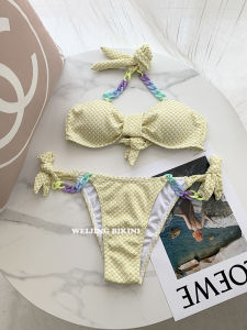2024 New Womens Bikini Set Yellow Swimwear with Colorful Chain Butterfly Knots Four-Piece Hot Spring Swimsuit Triangle Style