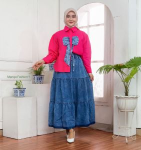 Ribon Oneset Rok Setelan Wanita Hijab Korean Style Ootd Stelan Rok Jeans Wanita Muslim Modern