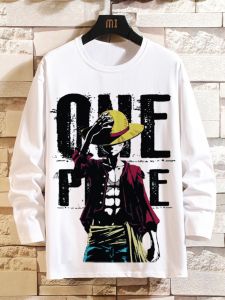 Long Sleeve T-Shirt One Piece Anime Collaboration Youthful Polyester Fiber Antibacterial Print round Neck for All Seasons