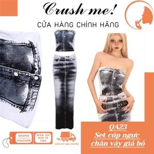 Crush me QA23 𝐒𝐞𝐭 𝟐 𝐦𝐨́𝐧 Áo cúp ngực + chân váy cargo giả vân bò denim print effect đầm bộ hai mảnh sang chảnh y2k club