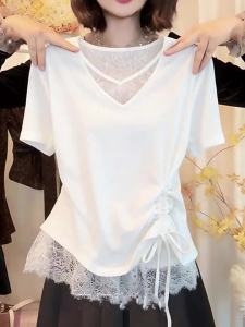 Slimming Large Size T-Shirt with V-Neck Short Sleeve Rope Waist