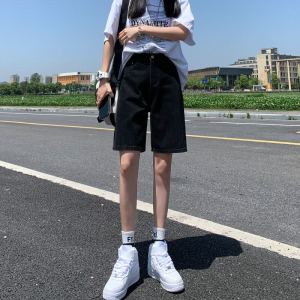 กางเกงขาสั้นผ้ายีนส์ทรงหลวมเอวสูงสีดำ ทรงตรง ทรงหลวม กางเกงขายาวห้าส่วนสำหรับผู้หญิง กางเกงขายาวทรงตรง ทรงหลวม ทรงหลวม ทรงหลวม