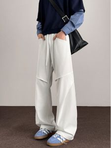 American Style Pleated White Mens Casual Pants Loose Straight Leg Drapey Versatile High Street Long Trousers