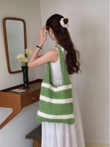 Womens Knitted Wool Handbag Large Capacity Commuter Versatile Hollow Weave Tote Bag Lazy Style Polyester Stripe Pattern
