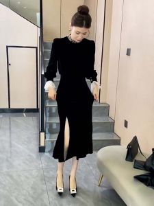Velvet Evening Dress Womens Fashionable French Style Black Slimming A-Line Skirt Long Sleeve Ball Gown Elegant Sensation