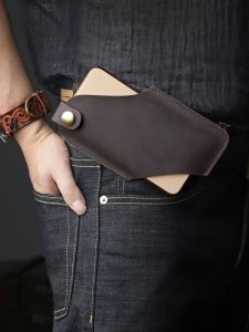 Handmade Pure Cowhide Belt Phone Pouch Crossbody Outdoor Mobile Phone Case Mens Belt Phone Cover Portable Waist Hanging