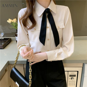 AMMIN Autumn College style loose versatile solid color long sleeve shirt Korean style fashion temperament bow ribbon casual commuter chiffon top