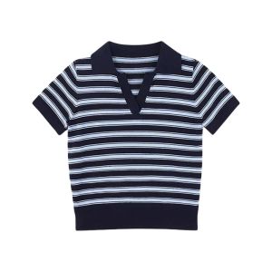 YUEZHONGWEI | Áo thun polo tay ngắn dệt kim lụa băng American Shoulder Color Block Stripes dành cho nữ mùa hè ôm vừa vặn thon gọn