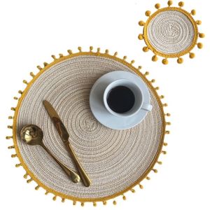 Pompom Placemats and Coaster Set Round Trivet for Hot Dish Vintage Placemat Jute Table Mats Boho Coasters Bohemia Placemat Pads