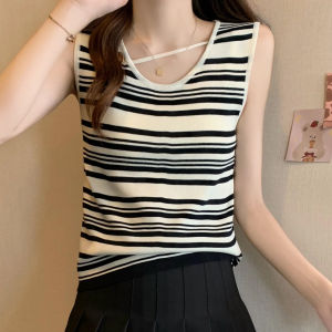Ole Outlets Withdraw from Cupboard Big Sale Cut Label Contrast Color Striped Spaghetti Straps Knitted Sweater Thin Ice Silk Vest Female Summer