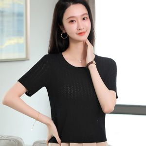 WANGGONGZHU | Ice Silk Short Sleeve T-Shirt Women Summer Thin New Small Hollow Knitted High Waist Short Slimming Top Princess Style Commute Simple