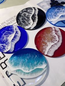 Original Handmade Two-Layer Ocean Coaster Creative Fluid Painting Gift round Shape Dining Utensils Cup Mat Valley Beauty INS