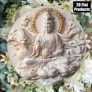 Aumain 8x8 Inch Round Metal Guanyin Wall Art - Pre-Drilled Buddhist Lotus Dragon Sign for Indoor Outdoor Home Decor