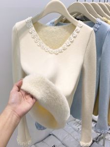 Womens Fleece Lined Thick Long Sleeve Knitted Sweater V-Neck Slim Fit Base Shirt Beautiful Small Top for Autumn Winter