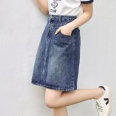 High Waist A-Line Denim Mini Skirt Womens Summer New Style plus Size Belly Cover Slimming Midi Skirt Cotton Polyester Blend